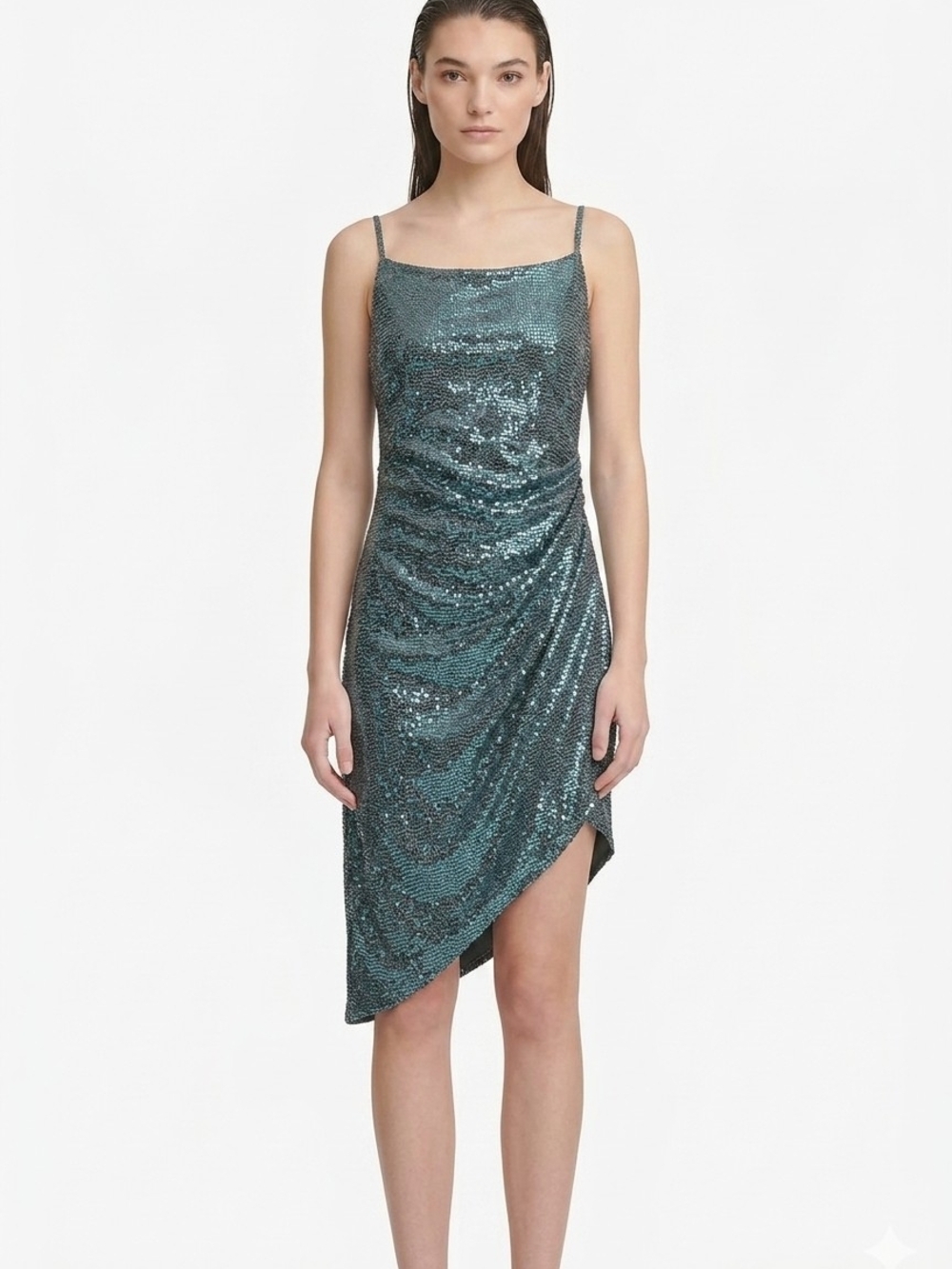 City Studio Teal Sequin Asymmetrical Slip Dress